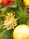 Beautifully decorated Christmas tree against bright and shiny soft focused background. Christmas and New Year concept.