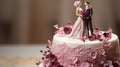 Beautifully decorated wedding cake adorned with exquisite details and featuring a lovely bride and groom topper Royalty Free Stock Photo