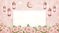 Elegant Ramadan Eid Background: Lanterns, Roses, Crescent Moon, Blank Frame Royalty Free Stock Photo