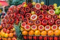 A beautifully designed fruit counter of a fresh juice vendor`s shop on the streets of Istanbul. A group of oranges on display in Royalty Free Stock Photo