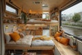 Cozy houseboat interior with warm lighting