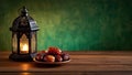 Ramadan Lantern and Dates with a Green Background decorative elements, elegant photography, Ramadan vibes Royalty Free Stock Photo