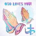 Beautifully detailed human hands folded in prayer. Appeal to the God. Faith and hope. Religious motifs. Academic art. Vector art.