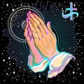 Beautifully detailed human hands folded in prayer. Appeal to the God. Faith and hope. Religious motifs. Vector illustration.