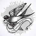 Beautifully detailed vintage illustration with flying swallow bird. Graphic template. Vector artwork isolated. Elegant tattoo art.