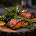 Grilled salmon fillet with vegetables and herbs on wooden board