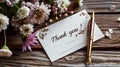 a beautifully handwritten Thank you on a white card, adorned with a bouquet of vibrant flowers and a pen, set against a