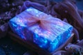 A beautifully illuminated gift box with a perfectly tied bow, Gift box with glowing, bioluminescent wrapping, AI Generated