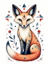 A beautifully illustrated fox with geometric and botanical elements on a white background Royalty Free Stock Photo