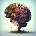 A Beautifully Illustrated Human Brain Tree Blossoming with Flowers as a Metaphor for Growth, Resilience and Creativity AI Royalty Free Stock Photo