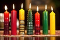 beautifully lined up kwanzaa candles waiting to be lit