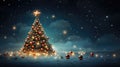 A beautifully lit Christmas tree full of balls with clouds in the sky as a background