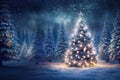 Beautifully lit Christmas tree surrounded by snow covered fir trees in enchanted winter forest at night Royalty Free Stock Photo