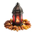 A beautifully lit lantern surrounded by an assortment of dates Royalty Free Stock Photo