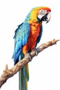 Beautifully multicolored macaw parrot sits on wooden branch