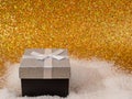 A beautifully packaged gift box stands on white snow. Royalty Free Stock Photo