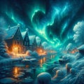 Beautifully Painting of aurora in the norther winter, winter scenery, AI Generation Royalty Free Stock Photo