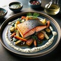 Gourmet Pan-Seared Salmon with Roasted Vegetables and Herb Sauce, AI Generated