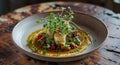 A beautifully plated gourmet dish on a rustic wooden table. Royalty Free Stock Photo