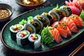 beautifully plated sushi platter with an array of colorful rolls, garnished with fresh wasabi and ginger. vibrant colors
