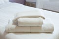 Beautifully prepared towels in the hotel bed. Royalty Free Stock Photo