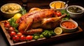 A beautifully roasted turkey centerpiece on a festive table, exuding