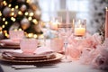 Beautifully decorated table for Christmas dinner with dishes, pink decorations.