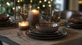 A beautifully set dining table for a festive dinner, featuring Mocha Mousse colored tablecloth, ceramic plates Royalty Free Stock Photo