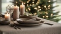 A beautifully set dining table for a festive dinner, featuring Mocha Mousse colored tablecloth, ceramic plates Royalty Free Stock Photo