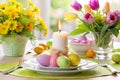 Easter table setting with candle and flowers Royalty Free Stock Photo