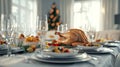 Festive christmas dinner table setting with turkey and decorations  isolated on white  background Royalty Free Stock Photo