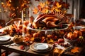 A beautifully set Thanksgiving dinner table with a roasted turkey centerpiece, surrounded by autumn decorations