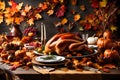 A beautifully set Thanksgiving dinner table with a roasted turkey centerpiece, surrounded by autumn decorations