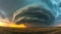 A beautifully structured supercell thunderstorm against a mesmerizing sunset sky, atmospheric drama unfolds, Ai Generated Royalty Free Stock Photo