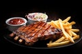 beautifully styled plate of bbq ribs, coleslaw, and fries on a black background