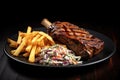 beautifully styled plate of bbq ribs, coleslaw, and fries on a black background