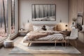 A beautifully styled Scandinavian-inspired bedroom with neutral colors, natural textures, and soft lighting, creating a warm and
