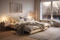 A beautifully styled Scandinavian-inspired bedroom with neutral colors, natural textures, and soft lighting, creating a warm and