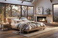 A beautifully styled Scandinavian-inspired bedroom with neutral colors, natural textures, and soft lighting, creating a warm and