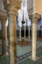 The beautifully tiled interior and fountain of one of the courts in the Mausoleum of Moulay Ismail in Meknes, Morocco.