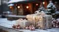 Pretty Wrapped Christmas Gifts Resting on a Wooden Table in a Winter Snowy Outdoor Scene Near a Log Cabin