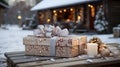 Nicely Wrapped Christmas Gifts Resting on a Wooden Table in a Winter Snowy Outdoor Scene Near a Log Cabin