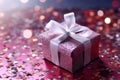 Beautifully wrapped gift box adorned with bow, set against the backdrop of twinkling Christmas lights, evoking the festi Royalty Free Stock Photo