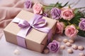 Elegant Gift Box with Lavender Ribbon Amidst Blooming Roses