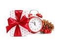 Beautifully wrapped gift box, alarm clock Royalty Free Stock Photo