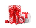 Beautifully wrapped gift boxes, alarm clock Royalty Free Stock Photo