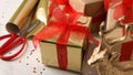 Beautifully wrapped gift boxes on white table, closeup Royalty Free Stock Photo