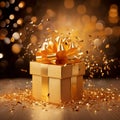 A beautifully wrapped golden gift box adorned with a shiny ribbon, surrounded by an explosion of sparkling confetti against a