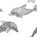 Beautifulseamless pattern of monochrome black and white dolphin with decorative flourish element. Hand Drawn vector illustration Royalty Free Stock Photo
