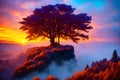 Beautifulsunset landscape at golden hour, big single tree at the cliff against the wild dramatic colorful sky. AI